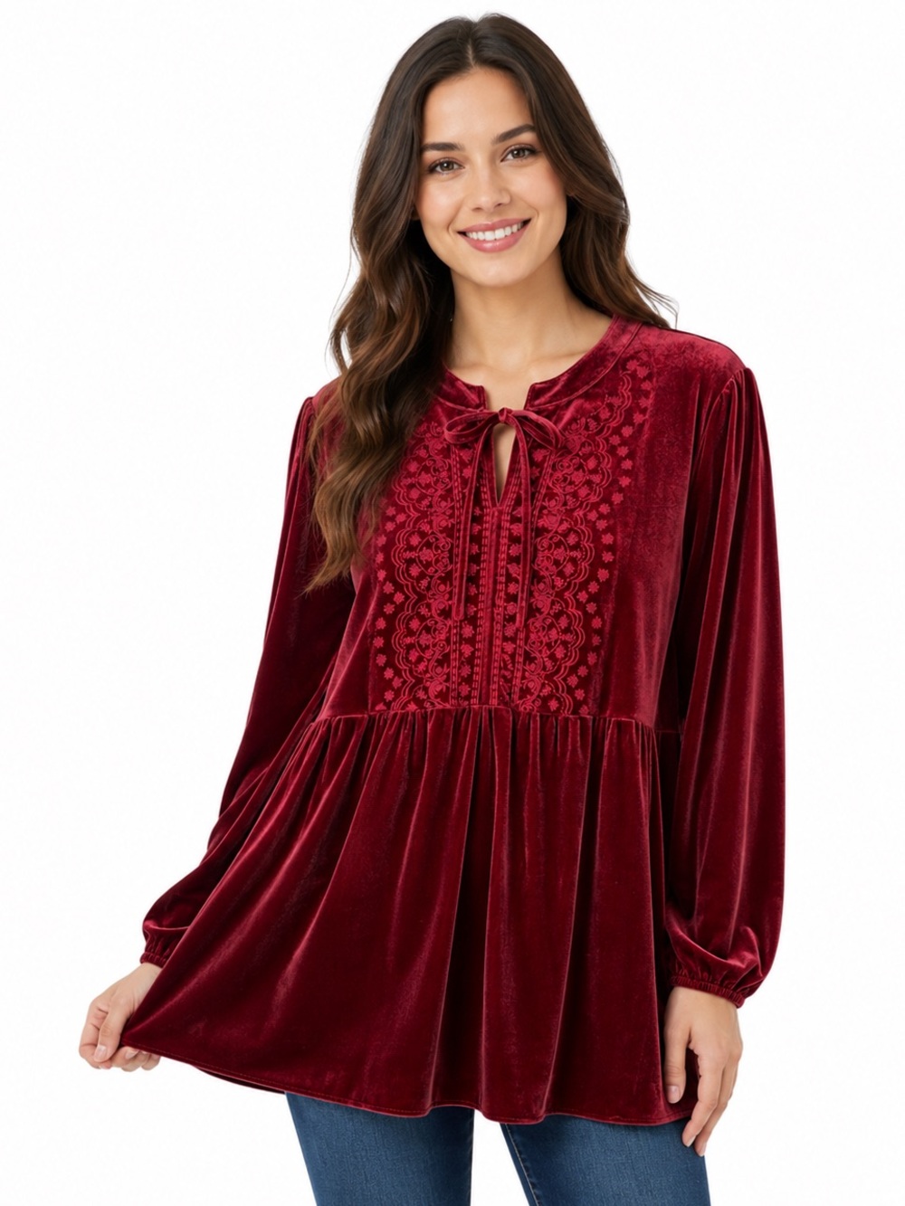 The Pioneer Woman Velvet Embroidered Peasant Tunic Top XL Red Wine